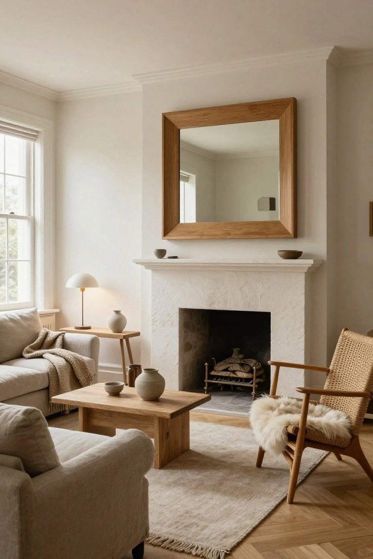 Large Wooden Mirror Above the Fireplace