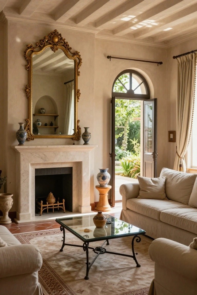 A beige living room with a large ornate gold-framed mirror above a marble fireplace flanked by blue-and-white vases, beige sofas around a glass coffee table, and open French doors to a garden.