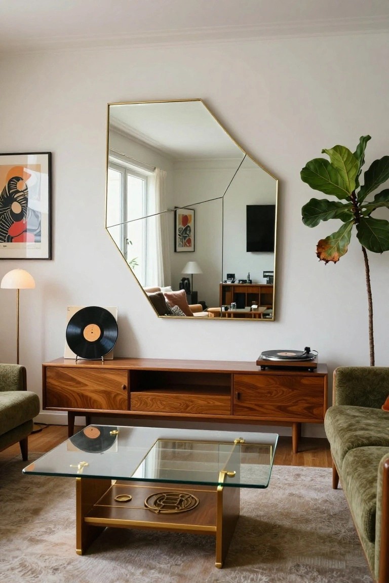 Living room with large asymmetrical gold geometric mirror on white wall above wooden console holding record player and records, green upholstered sofas, glass and brass coffee table, and fiddle leaf fig plant.