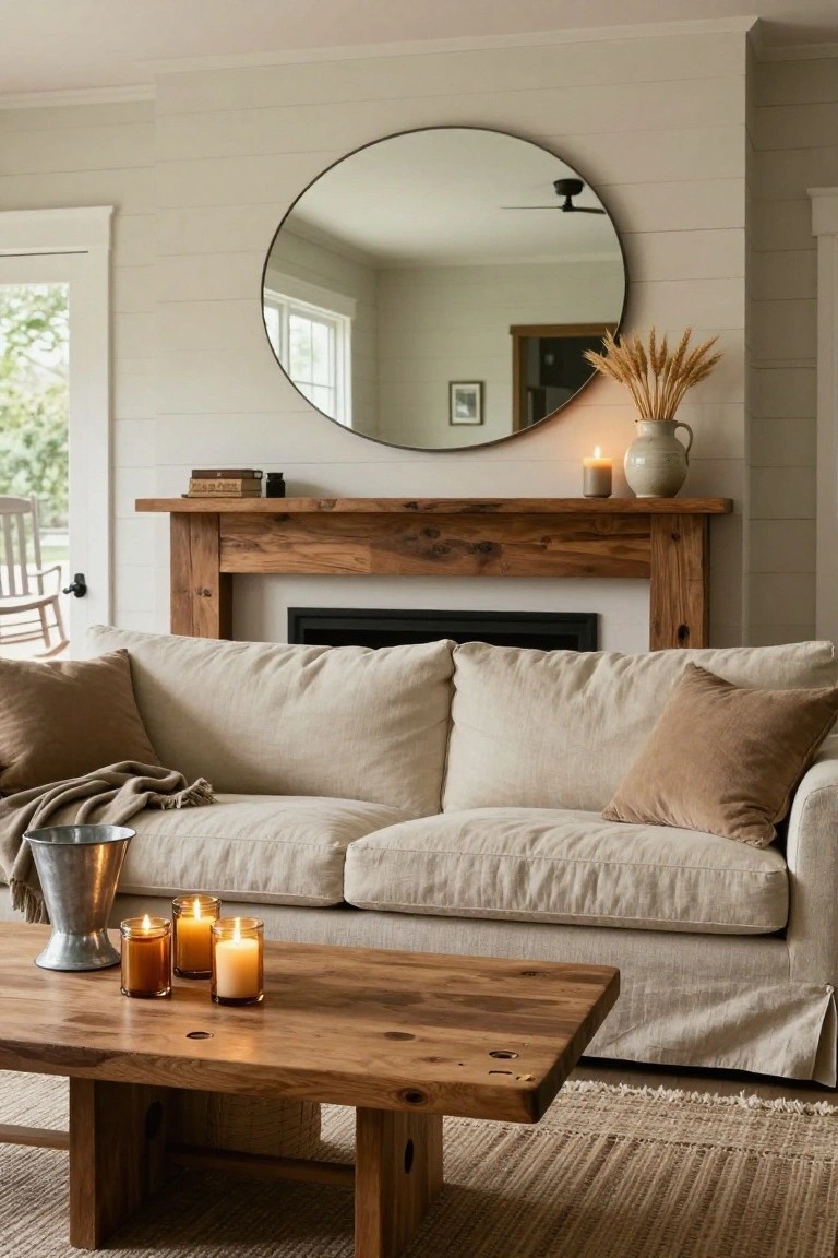 Living room featuring a large black-framed round mirror above a wooden fireplace mantel on a shiplap wall, with a beige linen sofa, wooden coffee table holding candles and a silver bucket, pampas grass vase, and seagrass rug.