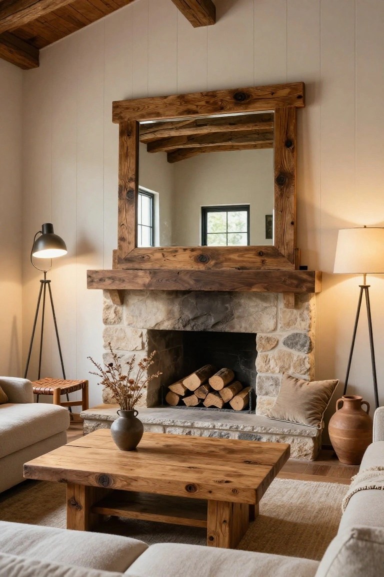 A living room with a large rectangular mirror in a thick rustic wood frame mounted above a stone fireplace mantel stacked with firewood, flanked by beige upholstered sofas, a wooden coffee table, potted plants, and tripod floor lamps on a light wood floor.