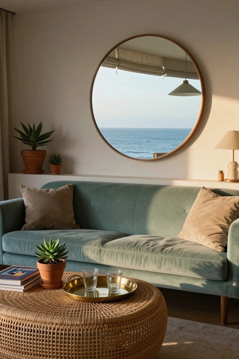 Modern living room with large round brass-framed mirror reflecting ocean view, sage green velvet sofa, potted succulents, rattan coffee table holding brass tray with glasses, and beige lamp on shelf.