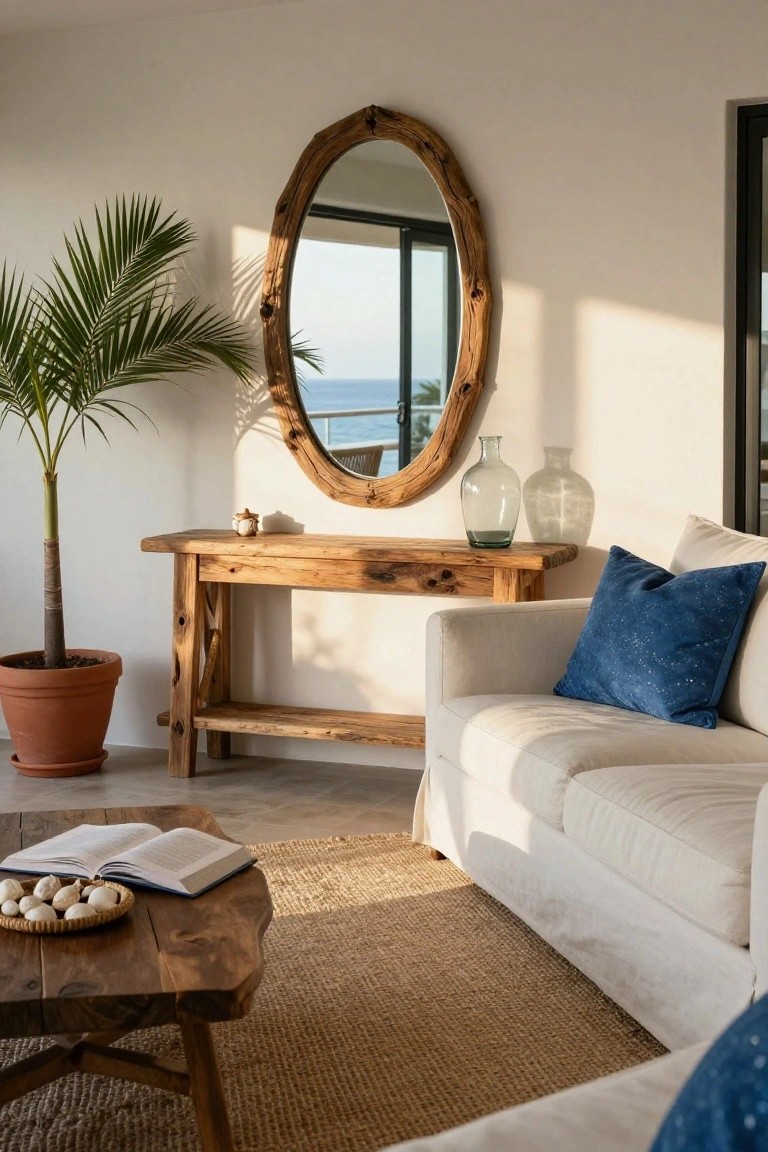 Living room with large oval mirror in rustic wooden frame above wooden console table holding a glass vase, potted palm plant nearby, white sofa with blue pillows, low wooden coffee table, seagrass rug, and ocean view through glass doors.