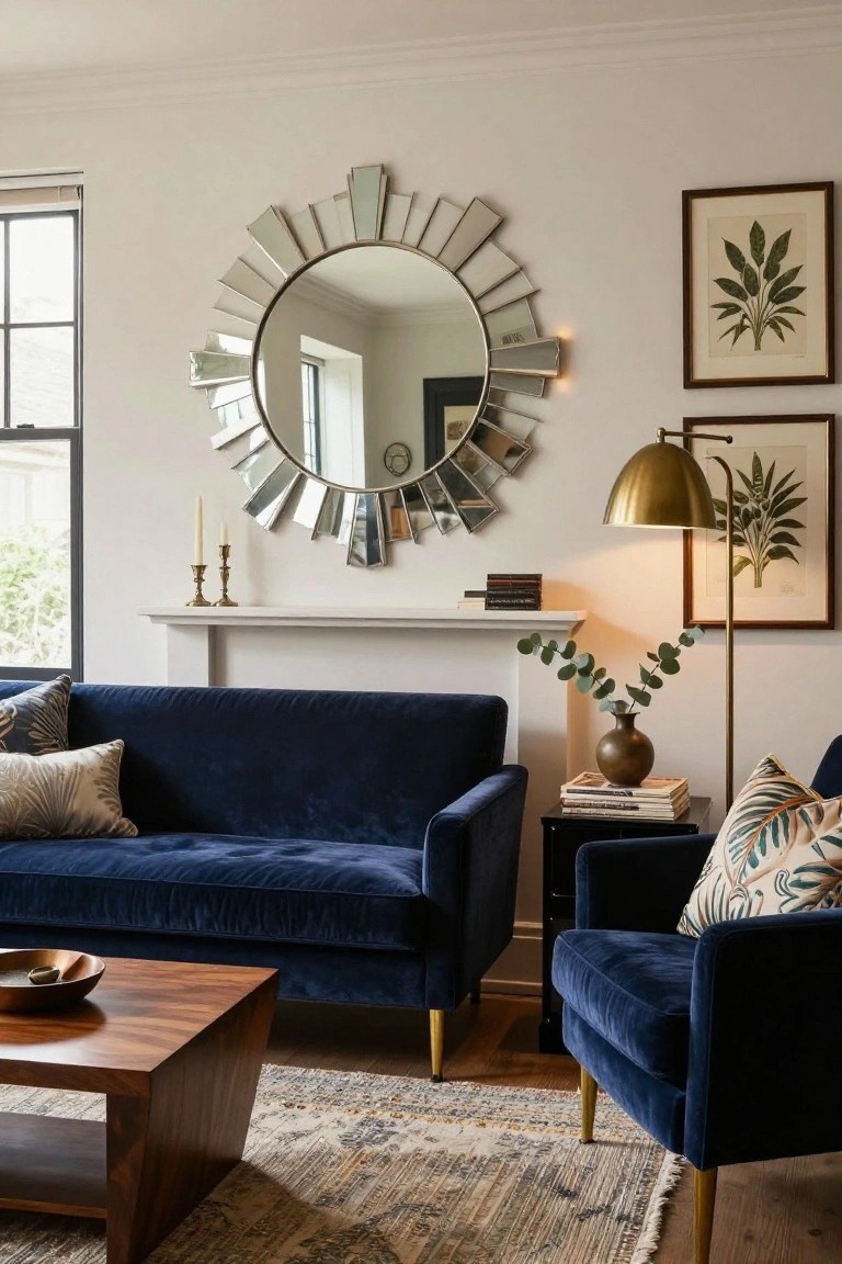 A living room with a large silver sunburst mirror above a white mantel shelf holding candlesticks and books, navy blue velvet sofa and chair, wooden coffee table, gold floor lamp, and botanical prints on walls.