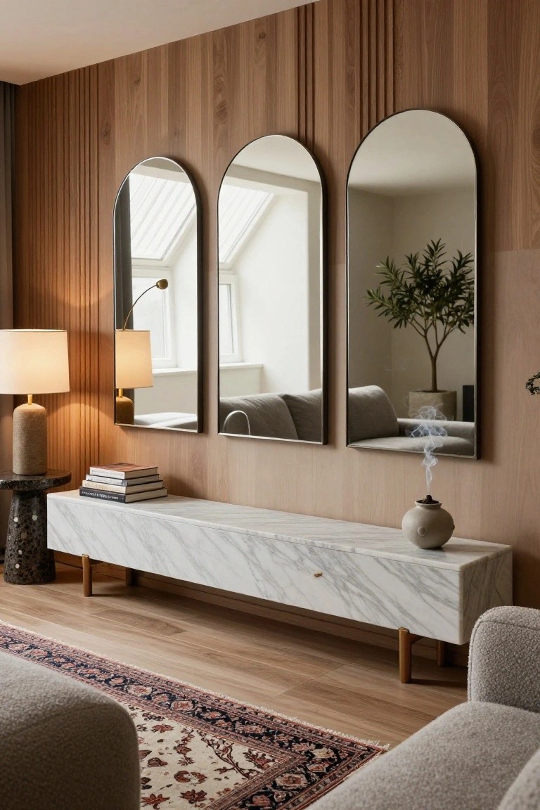 Three tall arched mirrors mounted side by side on a vertical wood-paneled wall above a long white marble console table with wooden legs, flanked by a side table with lamps and books, an incense burner, a potted olive tree reflection, a woven rug, and a bouclé sofa in a living room.