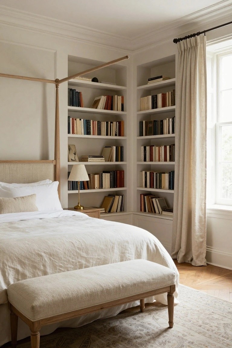 A neutral bedroom corner with a linen-upholstered bed flanked by tall built-in white bookshelves filled with assorted books, a bedside lamp on a small table, a matching bench at the foot of the bed, sheer curtains on a window, and hardwood floors with a patterned rug.