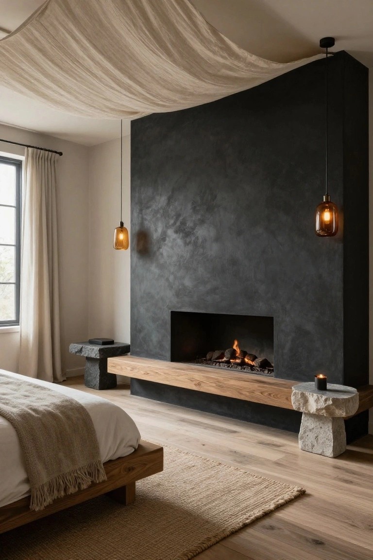 Bedroom interior with tall textured black fireplace wall containing a lit gas fire, flanked by amber pendant lights, low wooden bed with beige bedding and throw, stone side tables, light wood floors, and beige fabric canopy overhead.