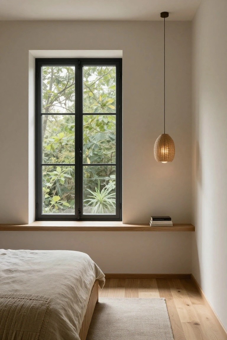 Corner of a neutral-toned bedroom featuring a low bed with white linen bedding on light wood floors, a large black metal-framed window overlooking green foliage and plants, a wooden window sill holding stacked books, and a woven rattan pendant lamp hanging from the ceiling.