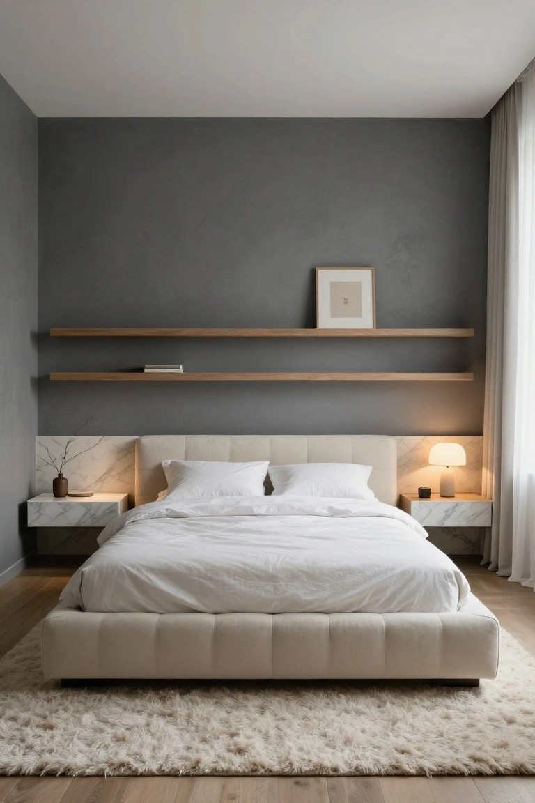 Modern bedroom with textured dark gray accent wall, floating oak shelves holding books and art, low beige upholstered bed with white sheets, white marble floating nightstands with lamps, white curtains on window, fluffy white rug on light wood floor