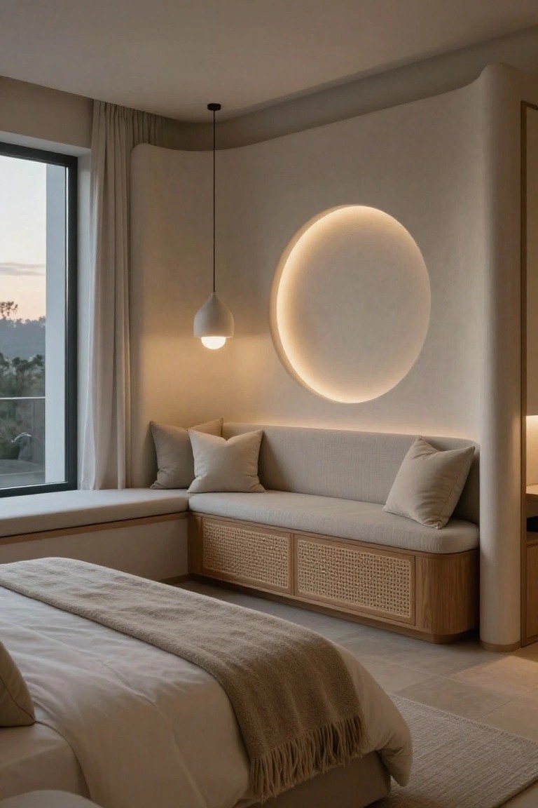 Beige bedroom interior with curved plaster walls, illuminated circular wall opening, built-in window bench with cream cushions and rattan-fronted storage, neutral bed, and window overlooking hills at dusk.
