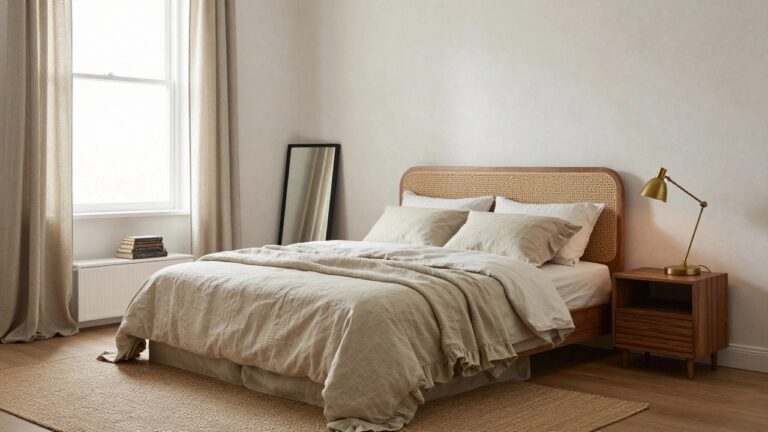 20 Chic Luxury Neutral Bedroom Tones That Bring Peace Bedroom corner with rattan headboard bed draped in white linen bedding, gold lamp on rattan nightstand, stack of books on floor, tall black arched mirror beside window seat, sheer curtains on windows, and beige rug on wood floor