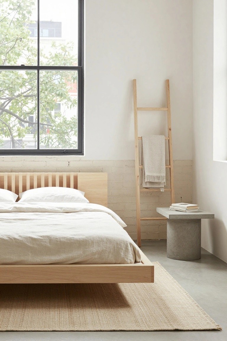 Minimalist bedroom with low-profile light oak platform bed and white linens, wooden ladder holding a towel, concrete pedestal side table with books, large window showing trees outside, exposed brick wall, and seagrass rug on concrete floor.