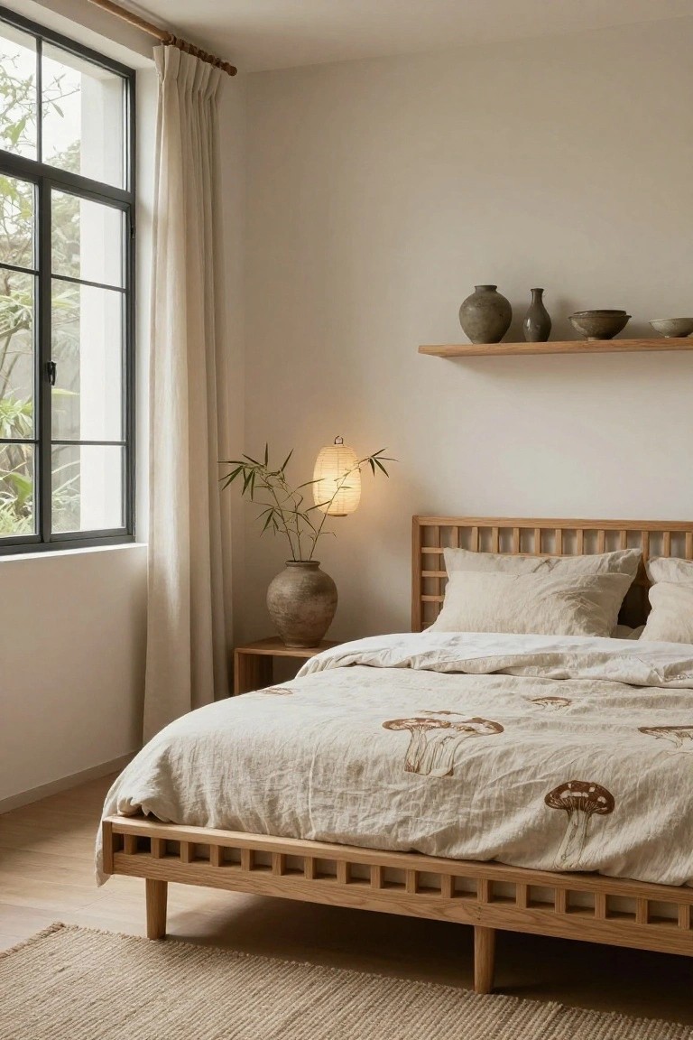 Cozy bedroom with low oak slat bed, cream duvet cover printed with brown mushrooms, sheer curtains on black-framed window, bamboo lamp, terracotta vase on nightstand, and floating shelf holding gray pottery.