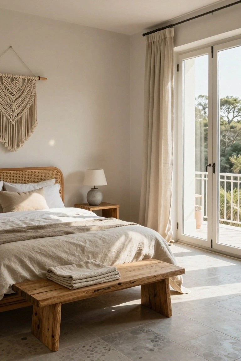 A sunlit bedroom with beige walls, rattan headboard bed draped in white and beige linen sheets and blankets, wooden bench at foot of bed with folded linens, macrame wall hanging, ceramic lamp on wooden nightstand, and open French doors with beige curtains leading to balcony overlooking pine trees.