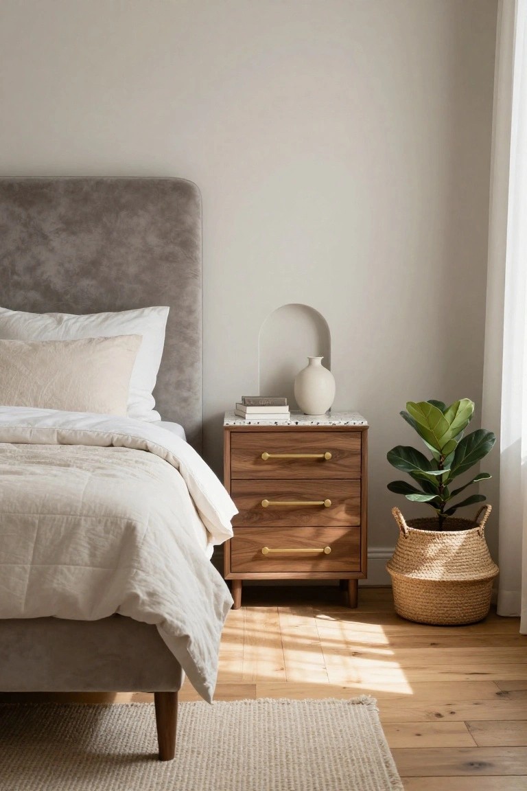 Bedroom with gray upholstered headboard, white and cream pillows and quilted bedding, wooden four-drawer nightstand with brass pulls holding a vase and books, fiddle leaf fig plant in wicker basket, beside a window on hardwood floor with light rug.