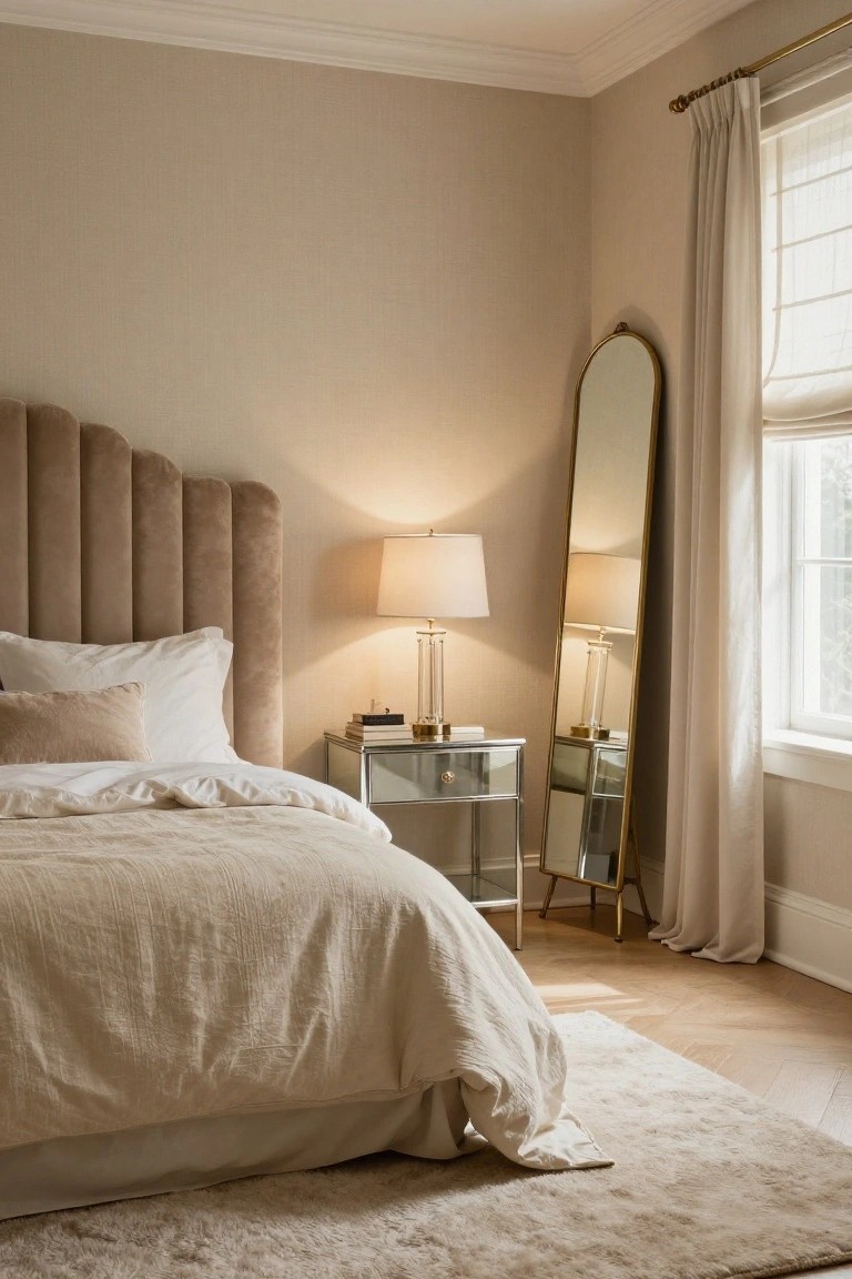 Corner of a beige bedroom with scalloped tufted velvet headboard on a bed with white and cream linens, glass nightstand holding a lamp and books, tall gold-framed full-length mirror, and window draped in white curtains over a wood floor.