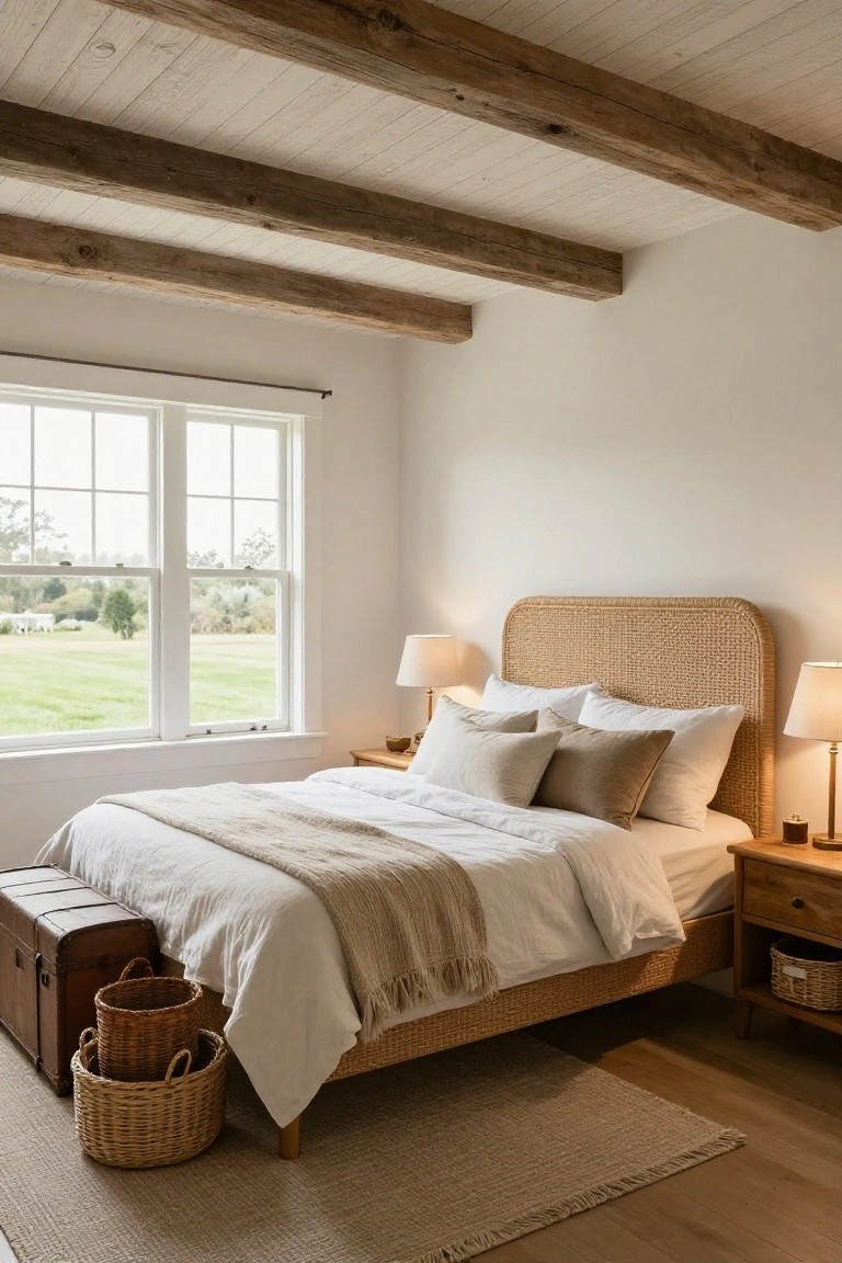 A bedroom featuring a king-sized bed with rattan headboard and frame, dressed in white and beige linens, flanked by wood nightstands with lamps, exposed wooden ceiling beams, white walls, and large windows showing a green field outside.