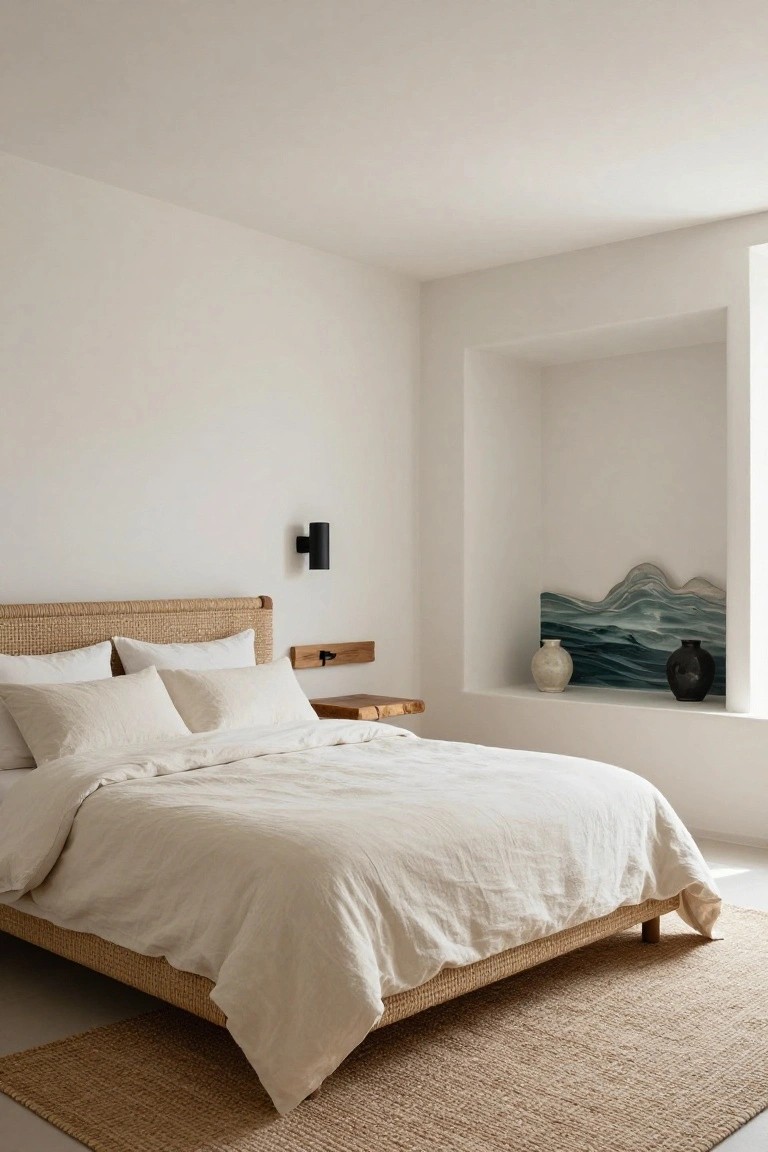 A minimalist bedroom with white walls, a bed featuring a beige rattan headboard and white linen bedding, wooden side table and shelf, black wall sconce, wall niche holding blue-green abstract art and two ceramic vases, and a beige seagrass rug.