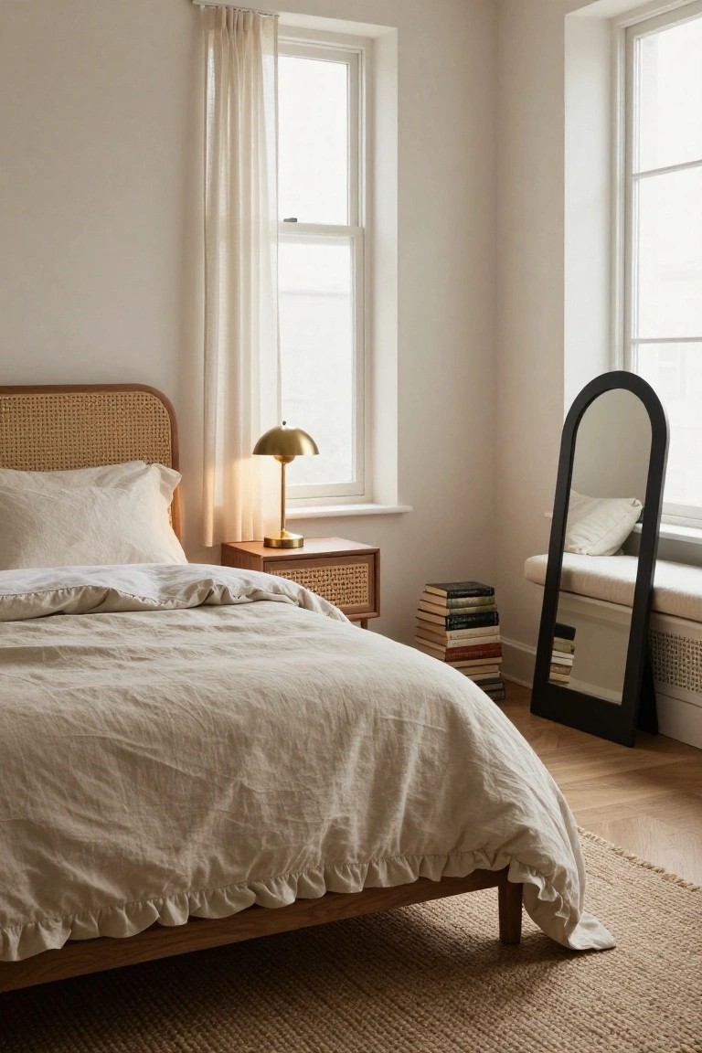 Bedroom corner with rattan headboard bed draped in white linen bedding, gold lamp on rattan nightstand, stack of books on floor, tall black arched mirror beside window seat, sheer curtains on windows, and beige rug on wood floor