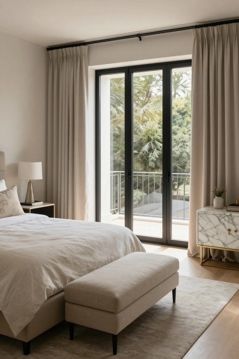 A neutral-toned bedroom featuring a bed with beige linen bedding, a matching upholstered bench, floor-to-ceiling beige drapes on black-framed sliding doors to a balcony, a bedside table with lamp, marble console table, and oak flooring.