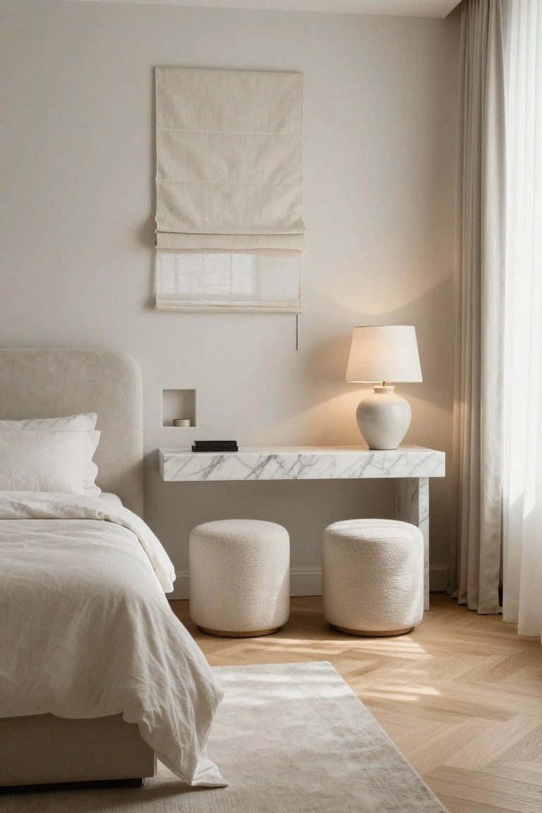 A bedroom in pale cream tones with tufted fabric headboard bed dressed in white linens, floating white marble console table holding a lamp and small tray, two cream bouclé poufs beside it, linen roman shade on wall, and herringbone oak floor with cream rug.