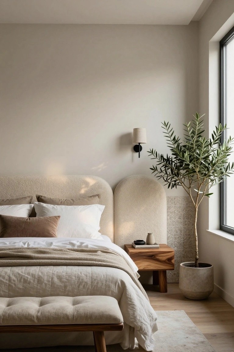 Bedroom corner with curved cream bouclé-upholstered headboard and matching bench, white and beige bedding, wooden nightstand, potted olive tree, wall sconce, and large window.