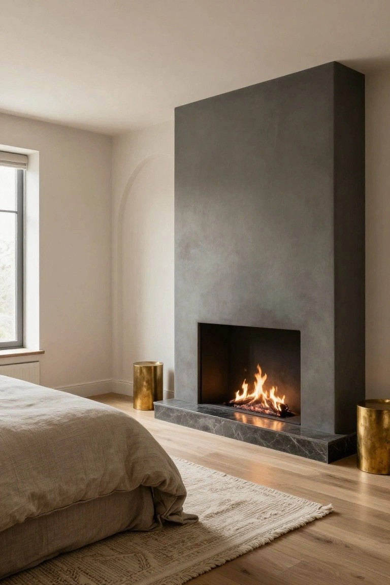 Bedroom interior with tall matte gray fireplace wall containing burning flames, neutral linen bed, two gold stools, marble hearth, light wood floors, and beige rug.