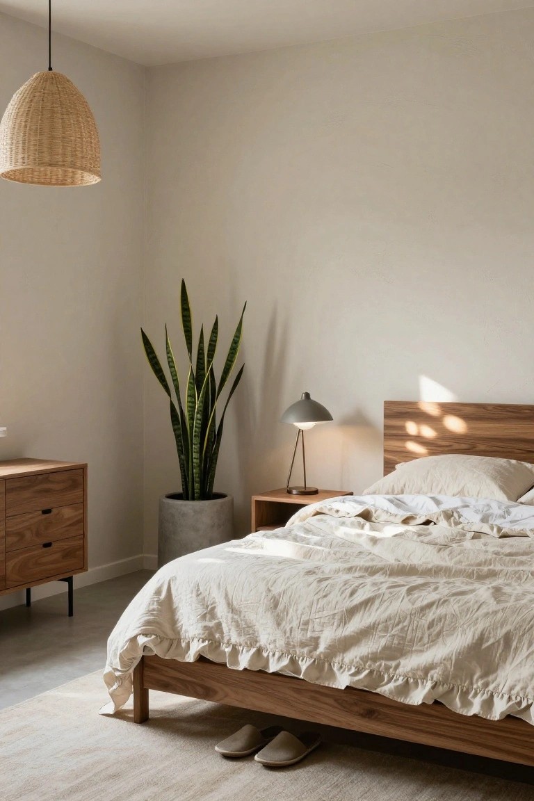 Bedroom corner with wooden bed frame and ruffled white bedding, wooden dresser, nightstand with gray lamp, tall snake plant in gray pot, and rattan pendant light overhead.