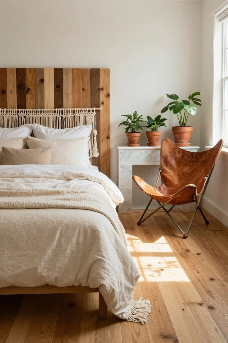 Bedroom with headboard of vertical wooden planks in varying natural tones and grains, white macrame hanger, neutral white and beige bedding, potted plants, marble side table, and tan leather butterfly chair on wood floor.