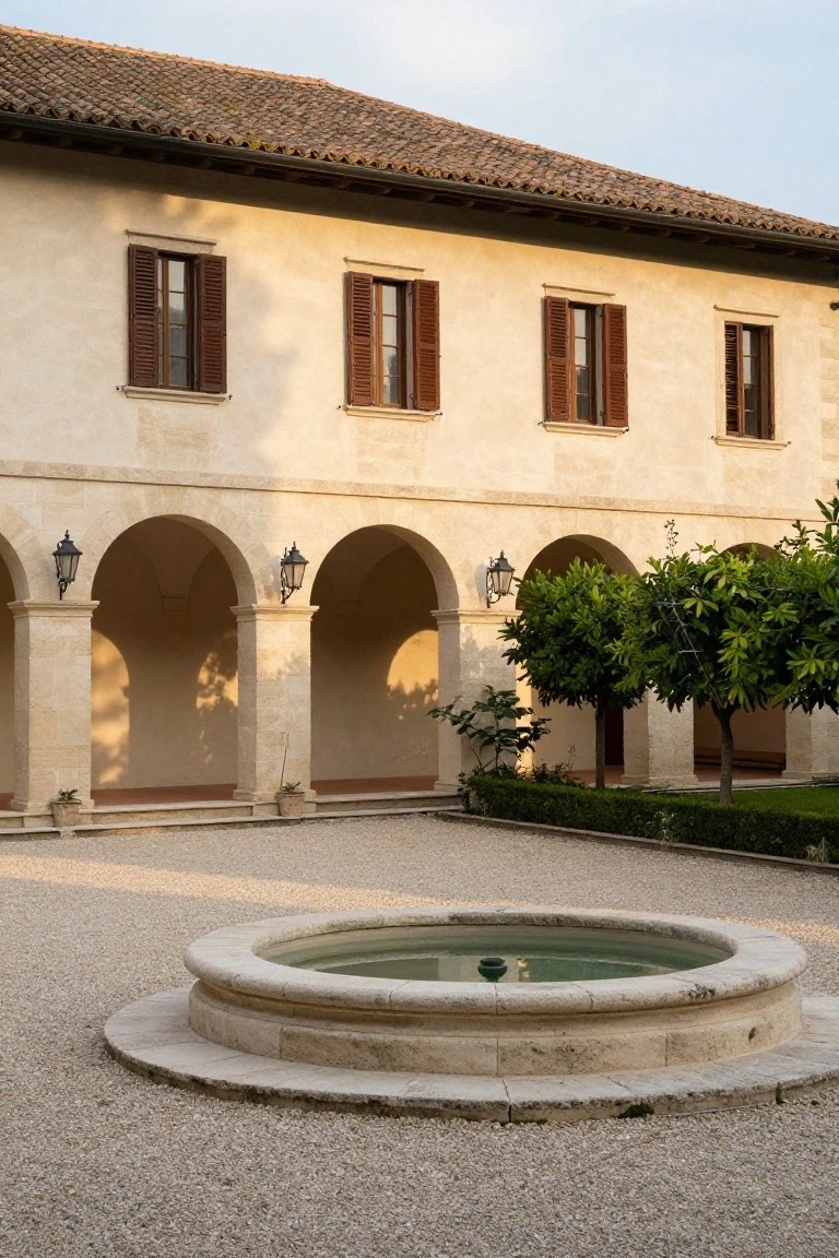 Beige stucco villa with terracotta tile roof, wooden shutters on upper windows, and stone arched colonnade around a gravel courtyard containing a circular stone fountain, lanterns, potted plants, hedges, and citrus trees.