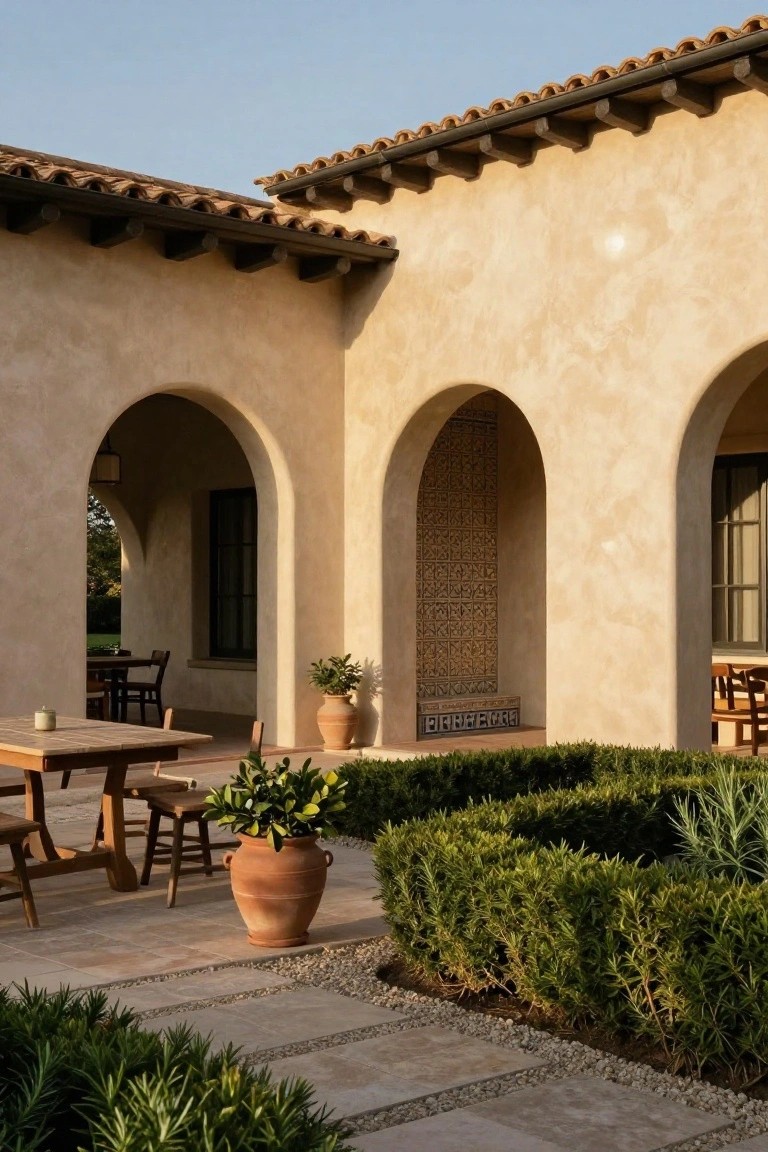 Beige stucco exterior wall with three arched openings, one leading to an indoor area and two framing a patio with wooden dining table, chairs, potted plants, and boxwood hedges along gravel paths.