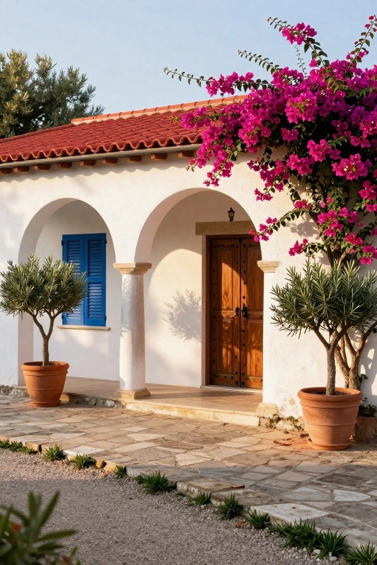 White stucco house with red tile roof and arched portico entrance featuring wooden double doors, blue shutters on a side window, potted olive trees flanking the porch, vibrant pink bougainvillea climbing over the arches and roof edge, and a stone-paved path leading to a gravel area.