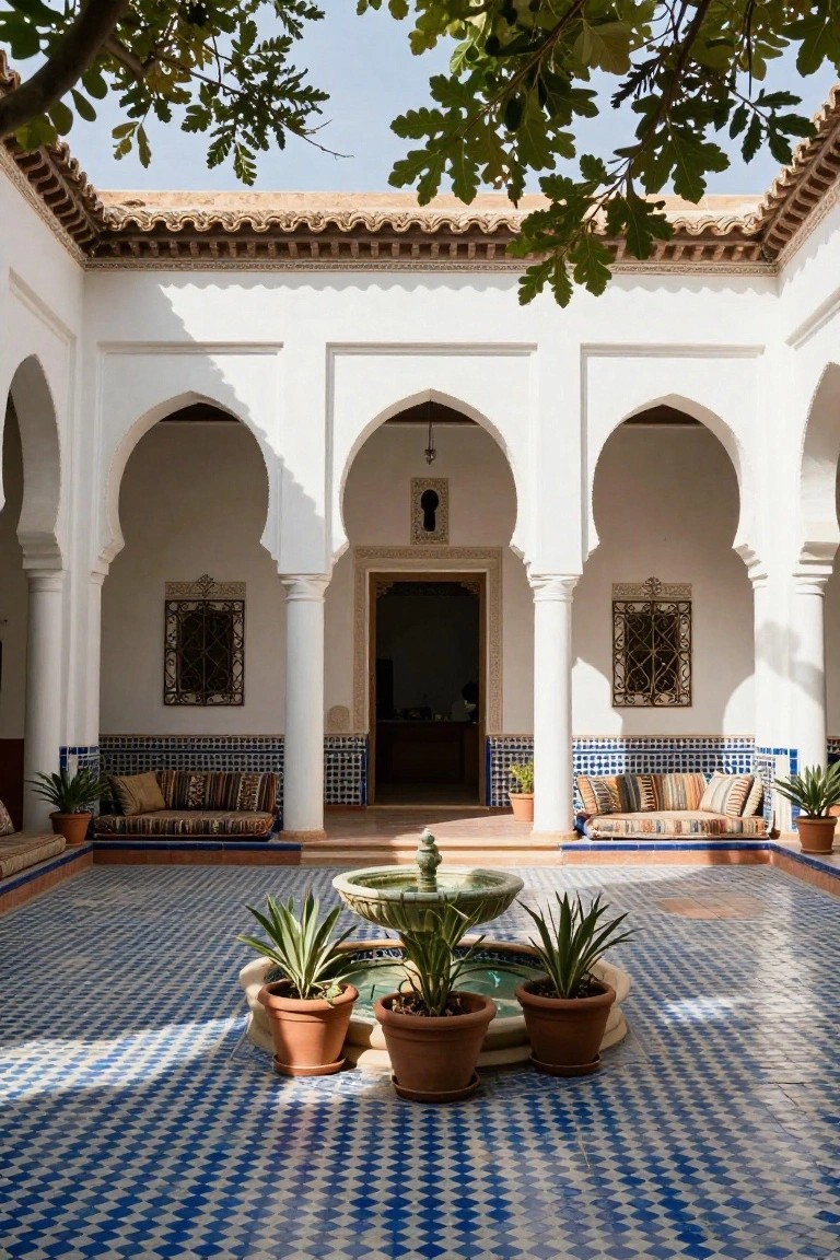 White courtyard with Moorish arches, blue patterned tile floor, central stone fountain with potted plants, cushioned benches, and potted greenery along the edges.