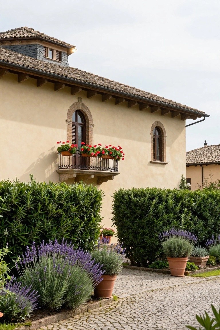 Beige stucco house exterior with terracotta tile roof, arched window featuring a wrought-iron balcony with red geranium flower boxes, tall green hedges, lavender plants in pots, and a cobblestone path.