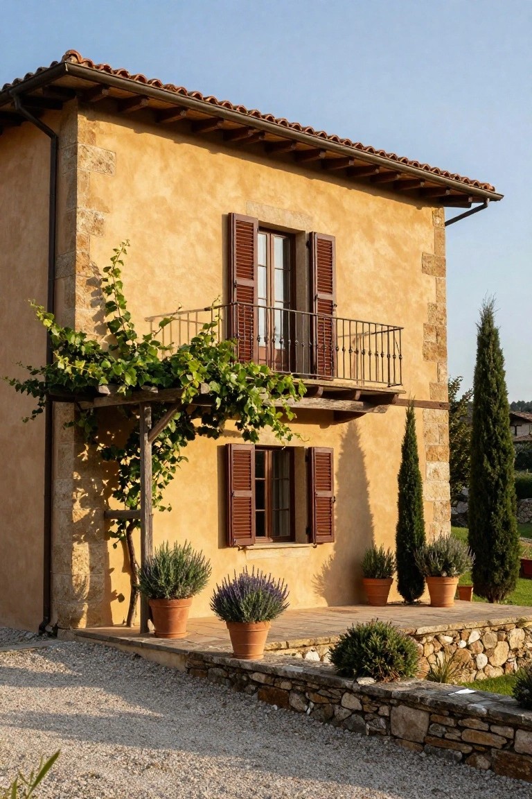 Two-story house with ochre plaster walls, stone corner accents, terracotta tile roof, wooden shutters on balcony and ground-floor windows, climbing vines on a pergola, potted lavender plants, cypress trees, stone retaining wall, and gravel path in front.