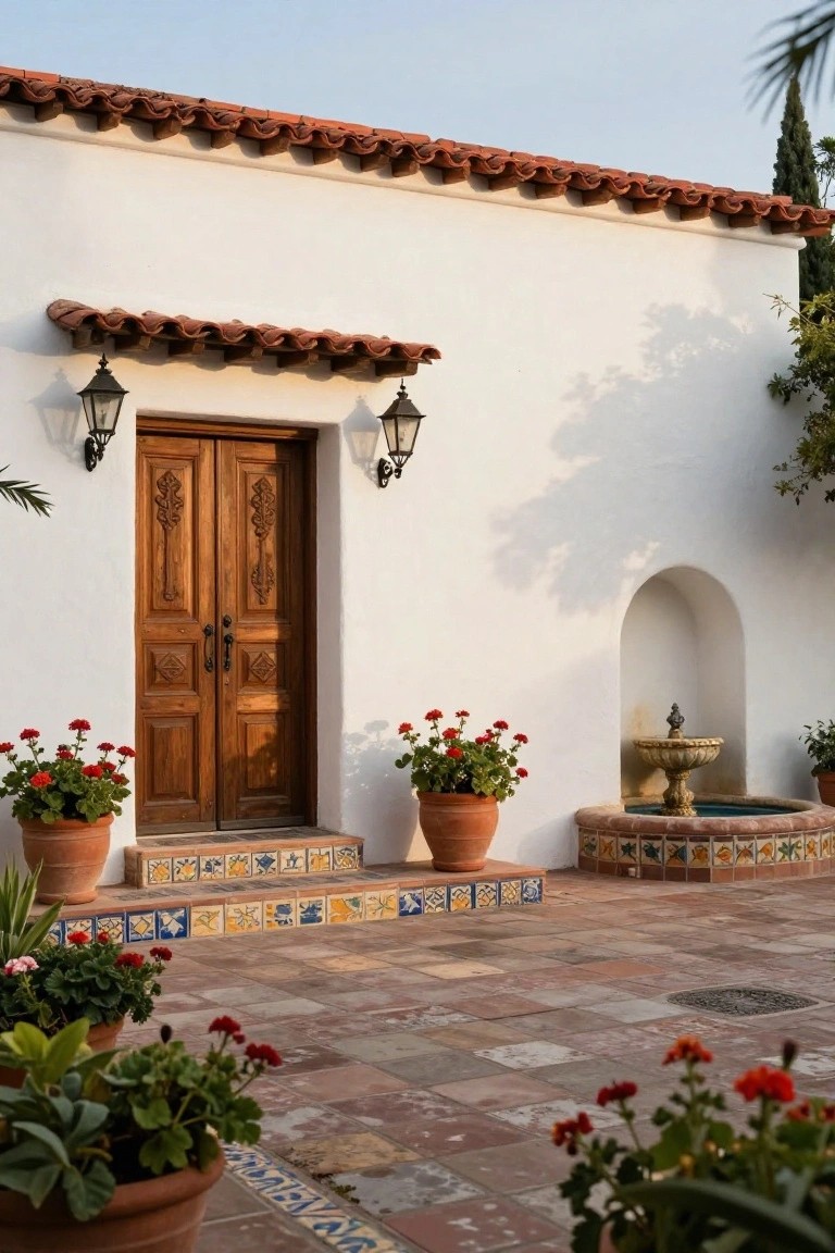 White stucco villa exterior featuring double carved wooden doors centered under a tiled overhang, flanked by wall lanterns, with potted geraniums, tiled steps, and a small fountain in an arched niche.