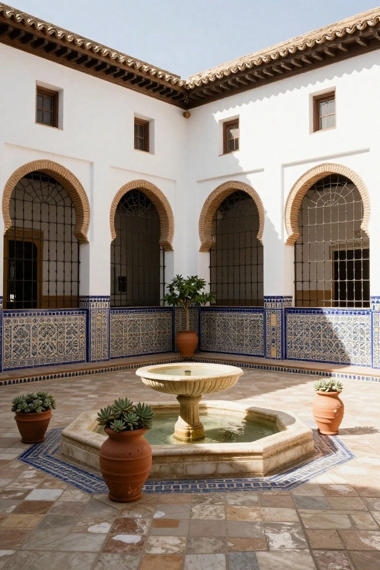 Sunlit white-walled courtyard featuring arched doorways with grilles, blue-and-white tiled borders, a central octagonal stone fountain, and potted plants including succulents in terracotta pots on patterned tile flooring.