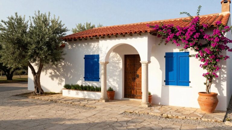 20 Classic Villa Designs With Enduring Appeal White stucco house with red tile roof and arched portico entrance featuring wooden double doors, blue shutters on a side window, potted olive trees flanking the porch, vibrant pink bougainvillea climbing over the arches and roof edge, and a stone-paved path leading to a gravel area.