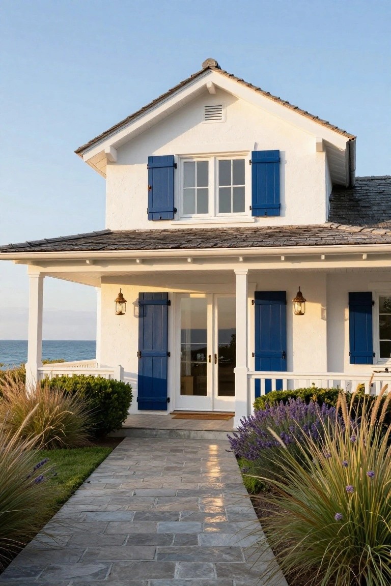 White two-story coastal cottage with navy blue shutters on windows and doors, covered front porch with columns and lanterns, stone paver pathway, grasses and lavender plants, and ocean view in background.