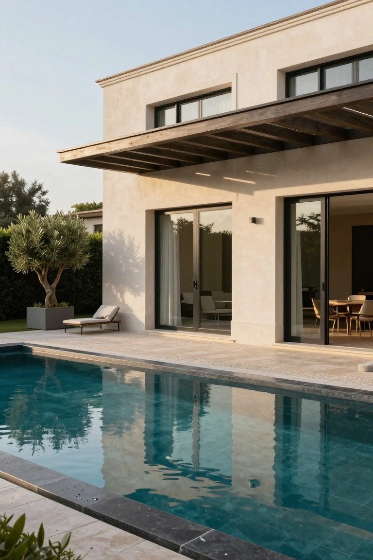 Beige stucco house exterior with black-framed sliding glass doors beside a rectangular turquoise pool on a tiled terrace, wooden pergola overhead, potted olive tree, and lounge chair.