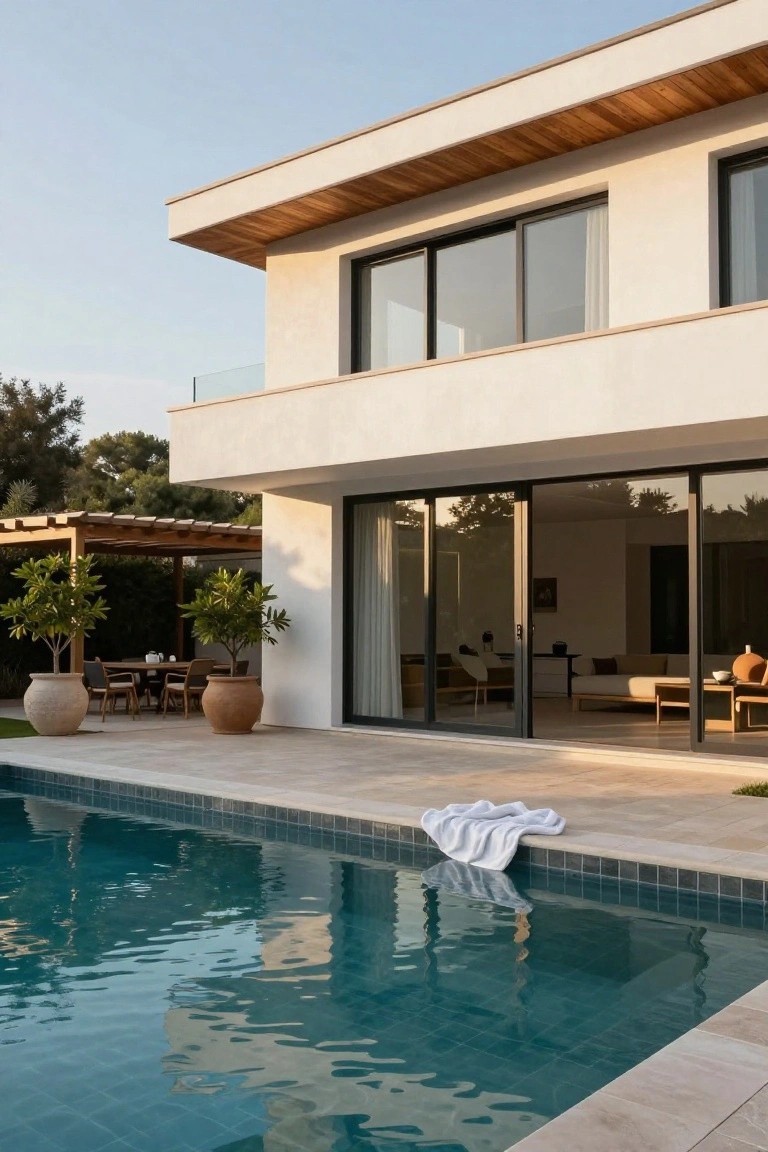White modern villa exterior with large sliding glass doors beside an infinity-edge pool, a terrace dining table under a wooden pergola, potted plants, and a white towel draped on the pool edge.