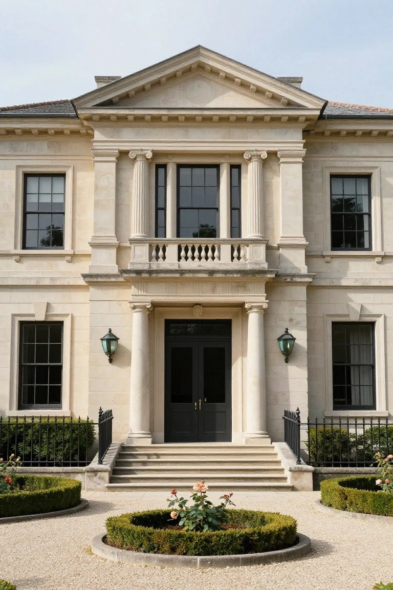 Front view of a two-story beige limestone villa with a central pedimented portico supported by four Ionic columns, black double doors, wall lanterns, stone steps, and circular boxwood hedges in a gravel courtyard.