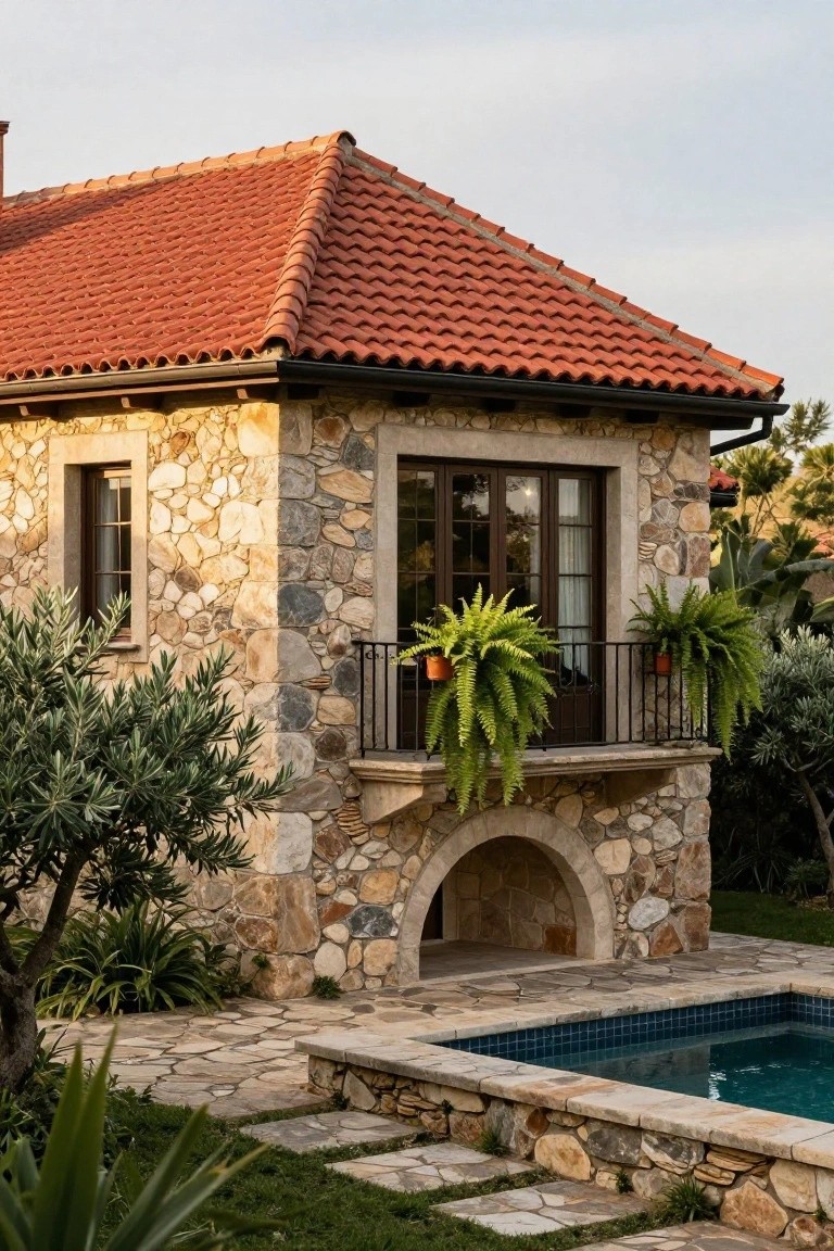 Stone villa exterior with red terracotta tile roof, balcony holding hanging ferns, arched stone entry to blue-tiled pool, olive trees and plants in foreground.