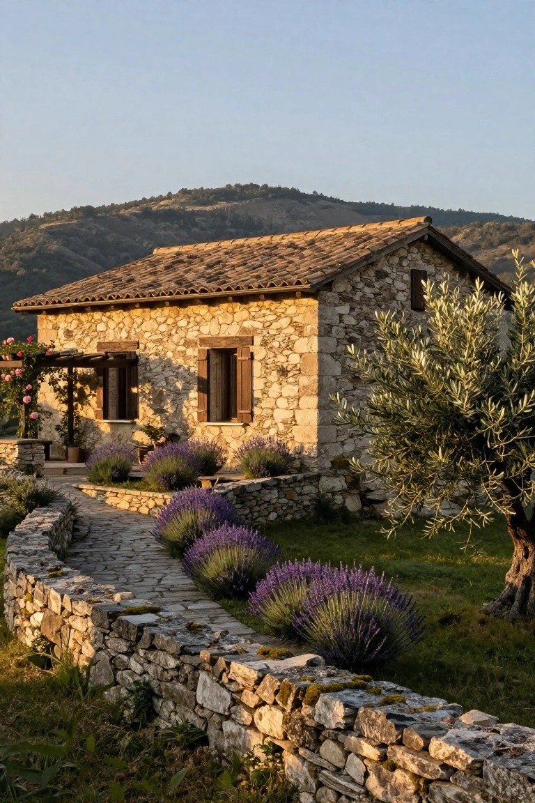 Stone cottage with terracotta tile roof, wooden shutters, rose-covered pergola, curved stone path lined with lavender bushes and low stone walls, olive tree, and distant hills at sunset.