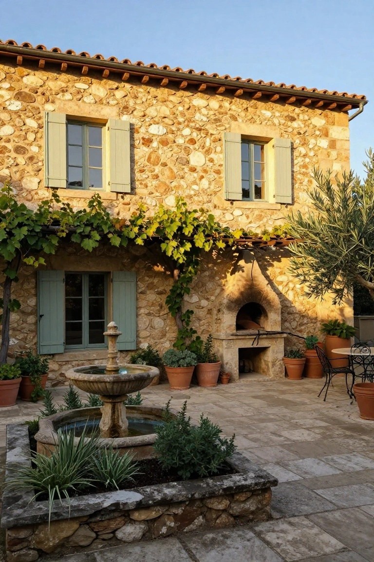 Stone villa exterior with pebble walls, green shutters, vine covering, outdoor terrace featuring central fountain, wood oven, potted plants, and bistro table with chairs.