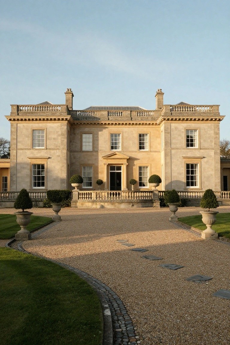A large symmetrical Bath stone villa with pedimented portico entrance, evenly spaced windows, chimneys, balustrades, and topiary urns flanking a gravel driveway bordered by grass and stone edging.