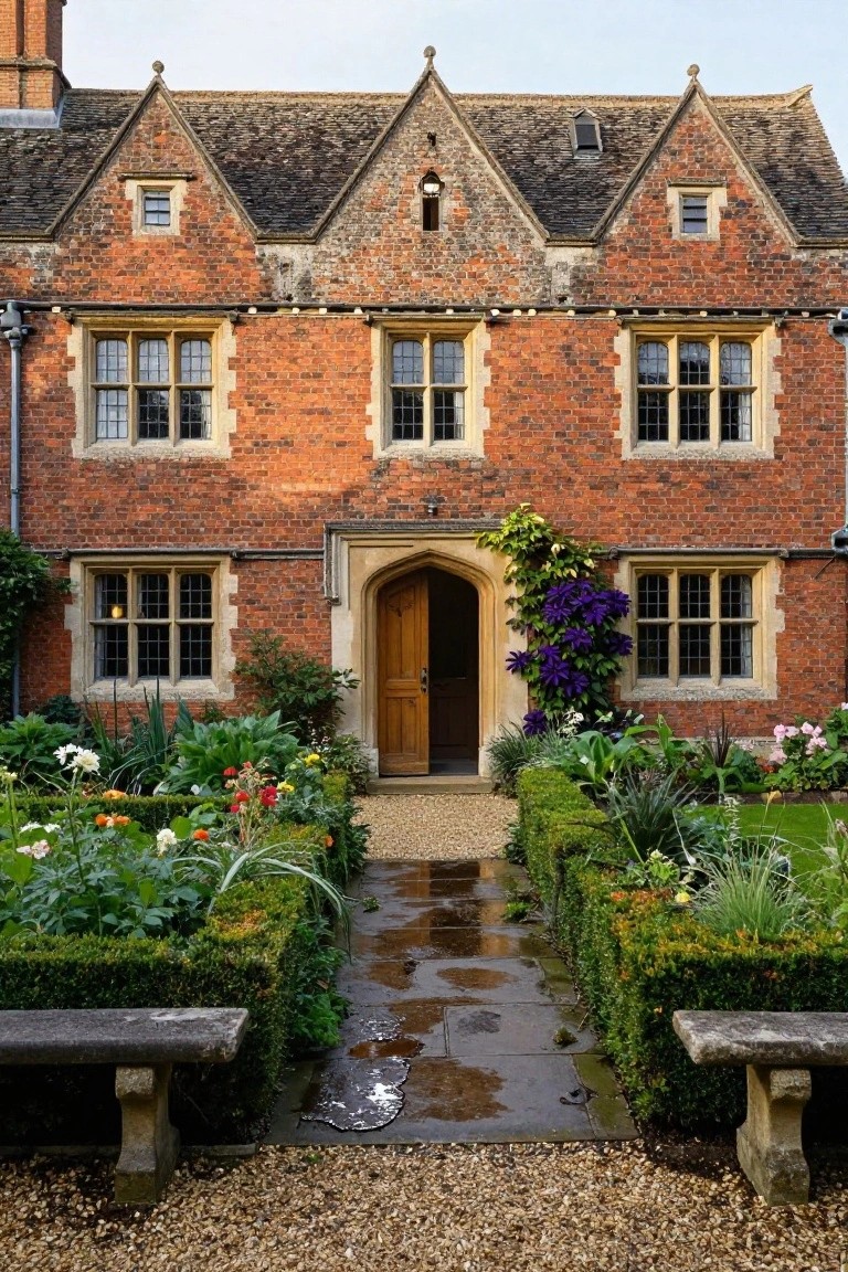 Front exterior of a two-story red brick Tudor-style house with gabled roofs, leaded windows, central arched wooden door, purple clematis vine beside it, formal garden beds with flowers and boxwood hedges flanking a wet stone path.