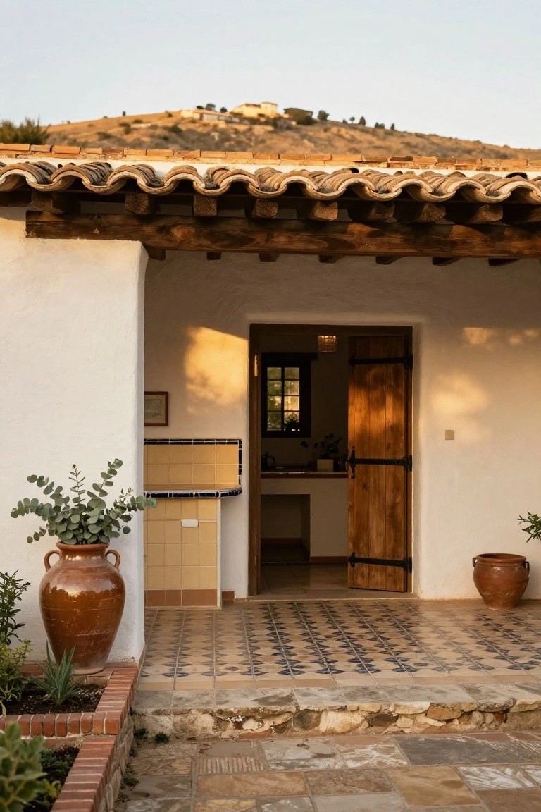 White stucco house exterior with curved terracotta roof, open heavy wooden door with iron hinges, outdoor sink area visible inside, terracotta pots with plants, and patterned tile porch floor.