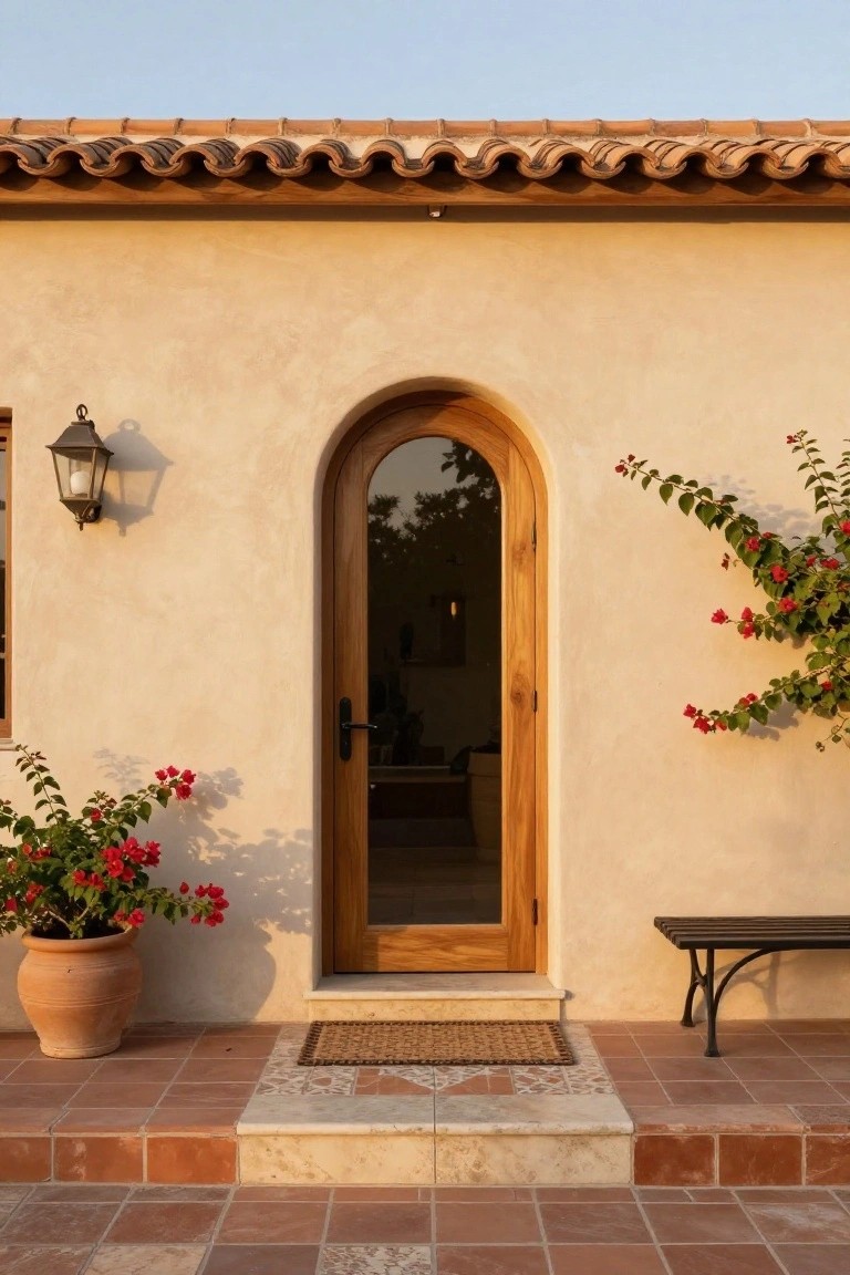 Beige stucco house wall with arched light wooden door featuring a tall glass panel, wall-mounted lantern light, potted red bougainvillea plants, small metal bench, and terracotta tile steps under a clear sky.