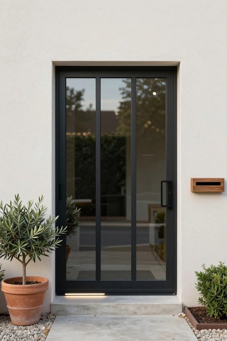 Black-framed sliding glass front door in a white stucco wall, with potted olive trees on one side, wooden mailbox on the other, gravel path, and LED strip light at the concrete threshold.